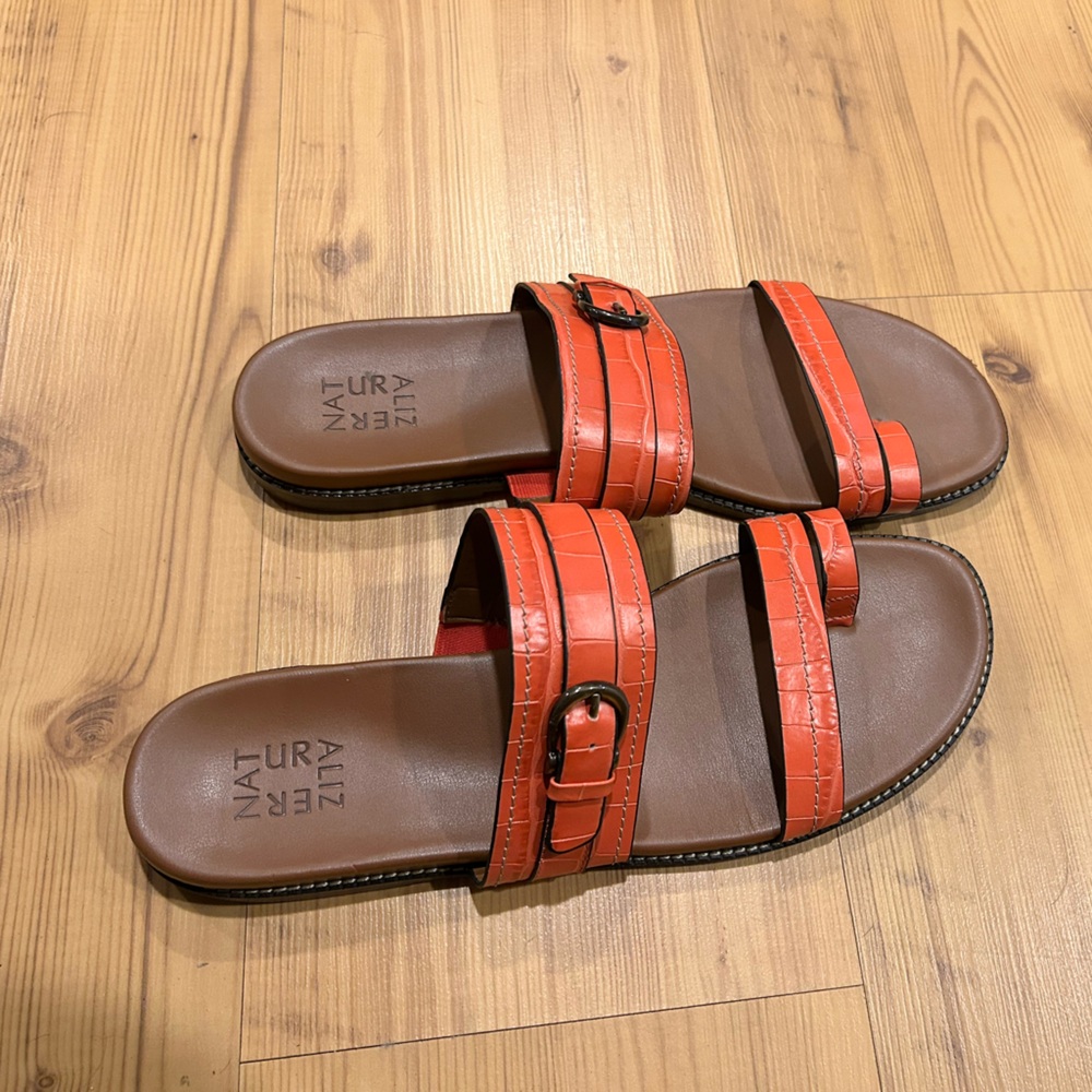 Coral Orange Croc-Embossed Slide Sandals - Picture 2 of 3